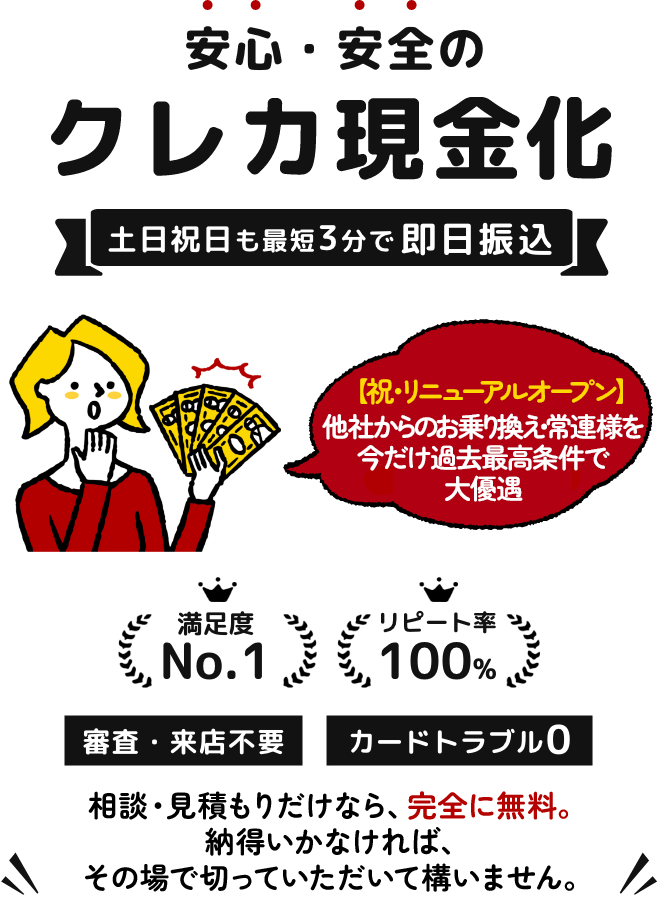 土日祝日も最短3分で即日振込！初めてご利用のお客様には最大3万円プレゼント中！来店や審査は不要・カードトラブル0・換金率ナンバーワン・満足度ナンバーワン・リピート率100%